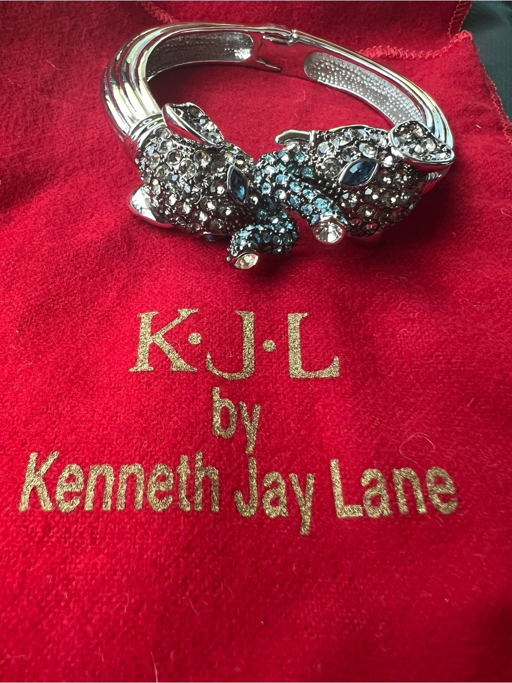 Kenneth Jay Lane Silver-Tone Elephant Bracelet with Blue and Clear Crystals